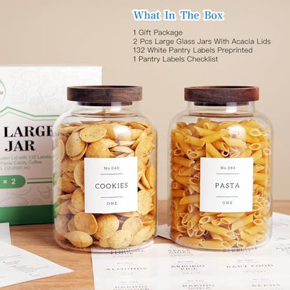 CZHQSMZ Set Of 2 Large Glass Jar with Wooden Lid with 132 Labels, Glass Storage Jars for Flour Pasta Candy Coffee Cookie and More(70 FL OZ/2000 ml) - color: 2000ml