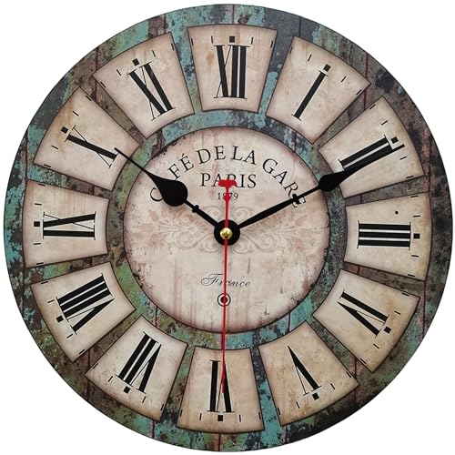 Qukueoy 12 Inch Silent Round Wooden Wall Clock Rustic Country Style, Battery Operated, Vintage Farmhouse Wall Decor for Living Room, Kitchen, Bedroom, Office