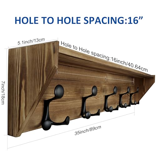WEBI Wall Shelf with Hooks Underneath,35" Long Wall Mounted Coat Rack with Shelf,Entryway Coat Rack with 5 Triple Hooks for Hanging Coats,Jacket,Hallway,Bedroom,Mudroom,Brown - color: Brown, size: 35 Inch