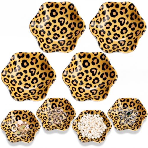 4 Pack Small Jewelry Dish Ceramic Trinket Holder Leopard Print Dish Tray for Rings Earrings Necklaces Bracelets 4.3 x 3.9 Inch Key Bowl Women's Birthday Mother's Day Wedding Gift - color: Brown, style: Ceramic