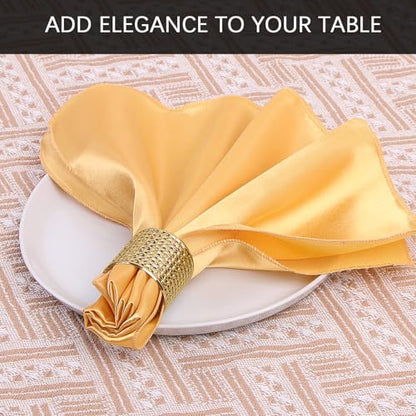 12 Pack Cloth Napkins and Gold Napkin Rings Set of 6, 17x17 Bling Trim Satin Cocktail Napkins Cloth Washable Personalized Dinner Napkins for Wedding Party Holiday Decorative | 17x17 Inch Personalized Gold Napkins Set, Washable Fancy Dinner & Cocktail Napk