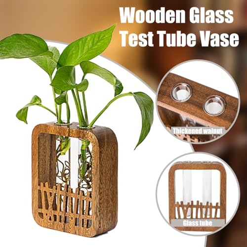 Walnut Wood Terrarium Planter - 2 Glass Test Tube Vase & Boho Plant Stand for Hydroponics, Home Office Desk Decor, Unique Housewarming Birthday Gifts for Women Plant Lovers - size: Double Tube