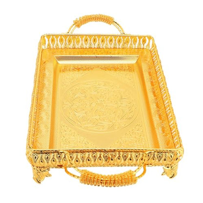 Metal Serving Tray for Food Snacks Fruit, Decorative Rectangle Party Platter, European Style Gold Tray with Raised Edges, Large Serving Dish for Home Decor and