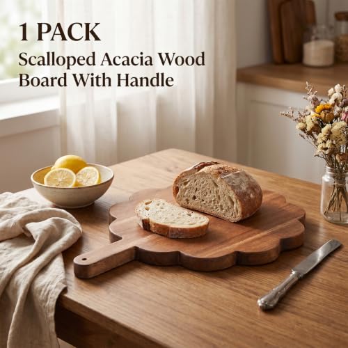 Scalloped Acacia Wood Boards with Handle, Acacia Wood Scalloped Cutting Board, Wooden Cutting Board, Round Decorative CuttingBoards for Cheese Meat Fruit Bread Baking(15.2 x 11.2 x 0.6 inch)