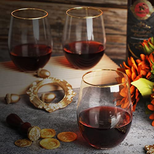 Mimorou Stemless Wine Glasses & Gold Rim, Set of 6, 17 oz Red Wine Glasses | Gold Rimmed, Elegant Style, Stable Base Prevents Tipping, for Wedding Party Events or Daily, as a Housewarming Gift