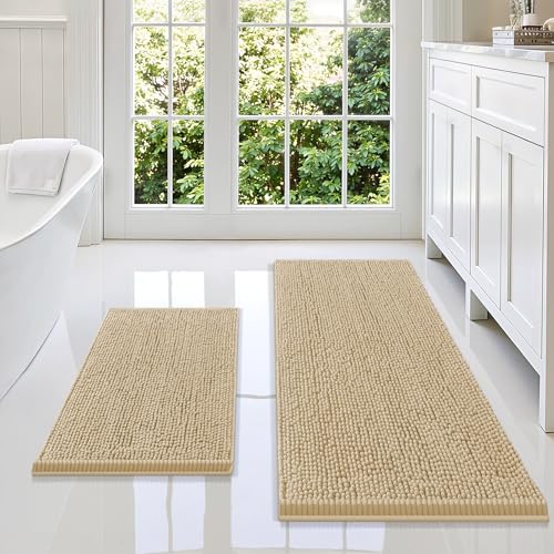 Smiry Chenille Bathroom Rugs Sets 2 Piece (47x17+24x16, Beige) | Soft Absorbent Machine Washable Non Slip Shaggy Bath Rug Set for Tub, Shower, and Floor, Home Decor - color: Beige, size: 47"X17"+24"X16"