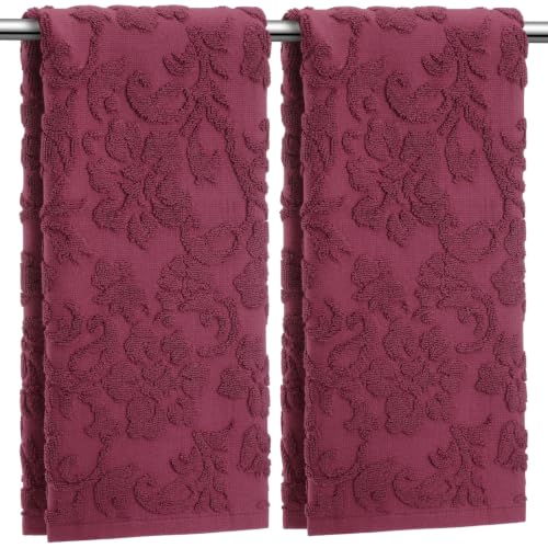 SmoothNovelty 2 Pcs Burgundy Red Jacquard Hand Towels for Bathroom Floral Hand Towels 100% Cotton Absorbent Decorative Weave Bath Washcloth Bathroom Decor Gift, 13.7 x 29.5 Inch - color: Burgundy Red, style: Floral