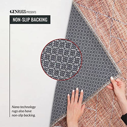 GLN Rugs Bohemian - Jerusalem - Machine Washable Round Rug, Boho Washable, Non Slip, Low Pile Chenille Area Rug, Living Room, Bedroom, Dining Room Rug - Easy Clean (5'3" Round Terra/Slate Blue) - color: Terra/Slate Blue, size: 5'3" (Round)