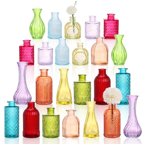 CUCUMI 24pcs Bud Vases for Centerpieces, Colorful Vintage Glass Vase Set | Small Vintage Vases for Centerpieces, Decorative Flower Vases for Wedding Home Table Decor - color: Multicolor, size: 24pcs