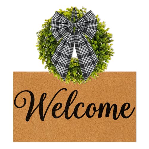 Door Mat and Wreath Set, 2 Pcs, Faux Coir, 19", Porch, Buffalo | Plaid Welcome Greenery Coquette Cute Hey Doormat with Artificial Greenery Outside Decor for Front Door - color: Classic Welcome With Color Block Bow