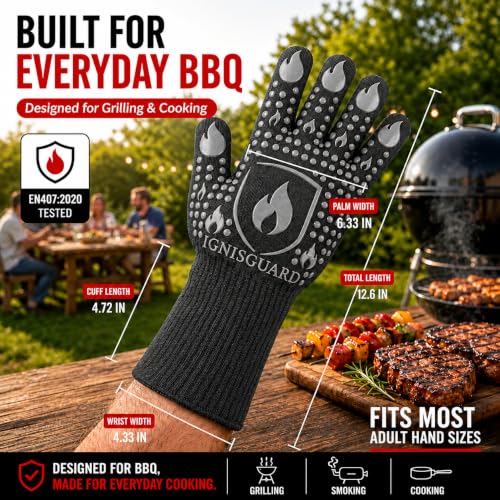 IGNISGUARD® BBQ Gloves, Heat Resistant Grill Gloves, 1 Pair, Gray (M) | EN407:2020 tested with textured silicone grip, three-layer construction and long knit cuff for added wrist coverage. - color: Gray, size: Medium