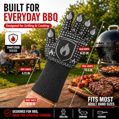 IGNISGUARD® BBQ Gloves, Heat Resistant Grill Gloves, 1 Pair, Gray (L) | EN407:2020 tested with textured silicone grip, three-layer construction and long knit cuff for added wrist coverage. - color: Gray, size: Large