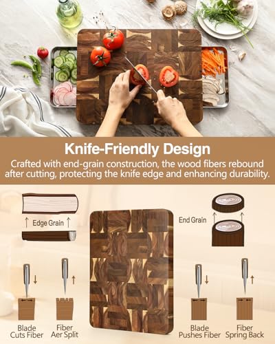 XINZUO Large Thick End Grain Acacia Wood Cutting Board -(16‘’L x 12''W x 1.6''T)-Dark Wood Cutting Board,Reversible Wooden Chopping Board with Non-Slip Feet-Catches Food and Waste-Giftbox - size: 16"L x 1"W