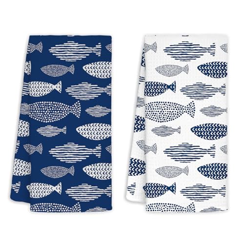 Jvpke Coastal Beach Kitchen Towels Set of 2, Blue Fishing Beach Hand Towels for Bathroom, Fish Decor Dish Tea Towels, Coastal Kitchen Bathroom Decor, 16x24 Inch - color: Fishs