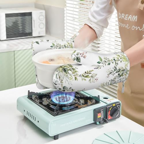 Sage Green Eucalyptus Oven Mitts and Pot Holders Set, 4pcs Silicone Watercolor Butterfly Leaves Oven Glove for Kitchen Heat Resistant Oven Mitts and Potholders Non-Slip for Cooking - color: Sage Green