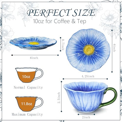 10 oz Tea Cups and Saucers, Hand-Painted Ceramic Flower-Shaped Coffee Cup | Saucer Set, Microwave & Dishwasher Safe, Elegant Floral Cup Set Gift for Women - color: Blue