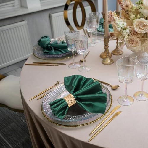 12 Pack Cloth Napkins and Gold Napkin Rings Set of 6, 17x17 Bling Trim Satin Cocktail Napkins Cloth Washable Personalized Dinner Napkins for Wedding Party Holiday Decorative | 17x17 Inch Personalized Green Napkins Set, Washable Fancy Dinner & Cocktail Nap
