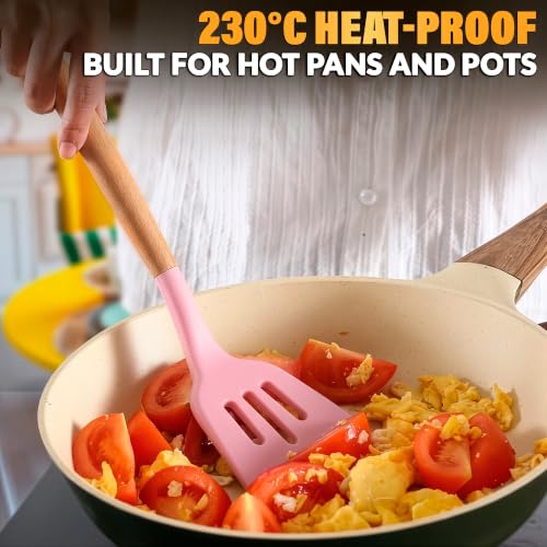 12 Pcs Pink Cooking Utensils Set with Holder for Nonstick Cookware | Silicone Kitchen Utensils Set for BBQ; Heat-Resistant Tools with Wooden Handles for Baking, Serving, Frying, and Mixing - color: Pink