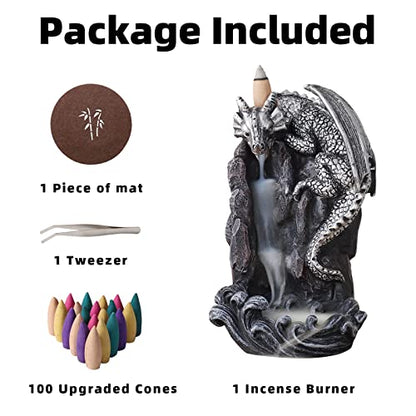 Dragon Backflow Incense Holder Waterfall Incense Burner, with 100 Backflow Incense Cones,1 Mat,1 Tweezers，Aromatherapy Ornamental for Home Office Yoga （Silver Dragon） - color: Silver
