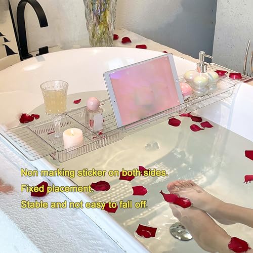 Bathtub Tray Table, Adjustable Bath Tray for Tub, Bath Accessories, Deluxe Bathroom SPA Bath Tray, Expandable Drain Bath Shelf Caddy Tray with Anti-Slip mat, Fits Most Tubs(Transparent) - color: Transparent
