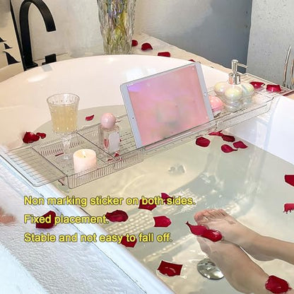 Bathtub Tray Table, Adjustable Bath Tray for Tub, Bath Accessories, Deluxe Bathroom SPA Bath Tray, Expandable Drain Bath Shelf Caddy Tray with Anti-Slip mat, Fits Most Tubs(Transparent) - color: Transparent