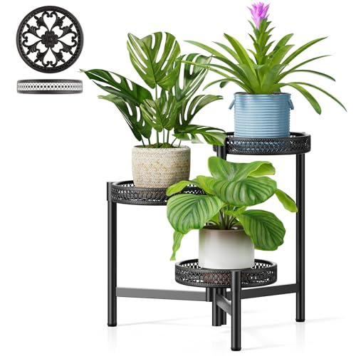Metal Plant Stand Indoor Outdoor, 3 Tier Corner Tall Plant Shelf for Multiple Plants, Tiered Plant Stand, Heavy Duty Flower Plant Holder, Folding Tall Rack for Garden Patio Lawn Balcony - BlackWave - color: BlackWave, size: 3-tiers