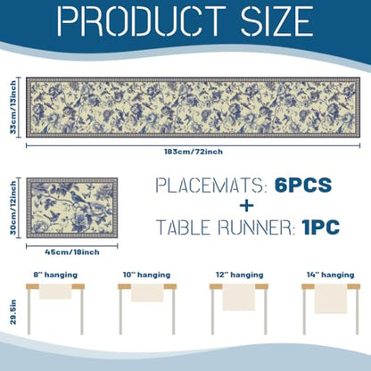 WADORN Navy Blue Bird Flower Table Runner and Placemats Set of 6, Rustic Chinoiserie Sketch Floral Washable Kitchen Dinning Table Decoration Seasonal Spring Summer Dining Settings for Home Kitchen - size: Navy Blue Bird Flower