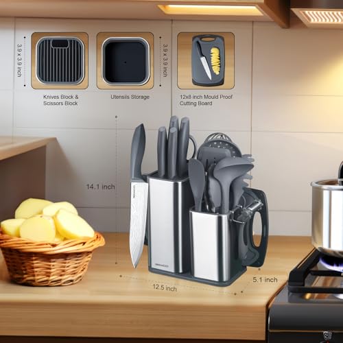 Kitchen Set,18-Piece Cooking Utensils and Kitchen Knife Set,Gray | 7-Piece Kitchen Utensils Heat-resistant to 410°F,5-Piece Sharp Knife,5-Piece Cooking Tools and Cutting Board In One - color: Gray