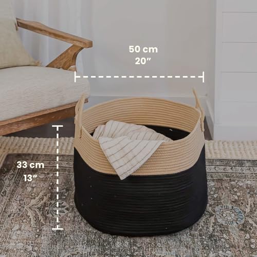 OrganiHaus Round Toy Basket & Blanket Basket, Cotton Rope 20x13" | Black / Honey - Round Cotton Rope Basket, 20x13" - color: Black / Honey, size: Wide