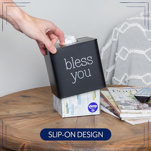 AuldHome Design Square Tissue Box Cover (Black); Modern Farmhouse Enamelware Tissue Holder - color: Black With "Bless You"