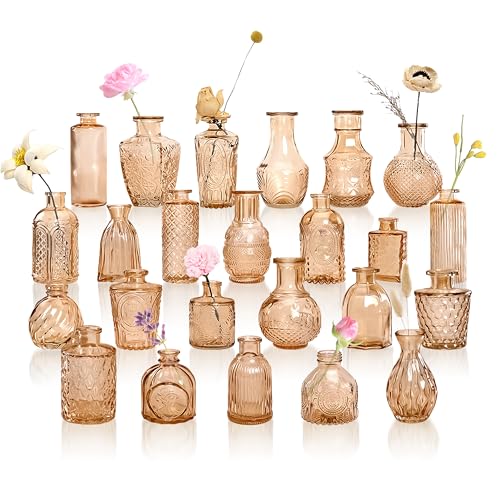 Bud Vases in Bulk 24, Amber Mini Glass Vases for Centerpieces, Vintage Embossed Small Vase for Flowers, Decorative Cute Vase for Wedding Table Decoration, Birthday Party, Baby Shower, Home - color: Amber, size: Set of 24 Vases
