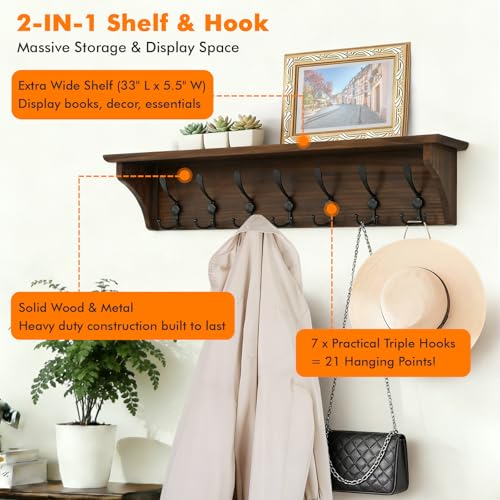 33" Coat Rack with Shelf Wall Mount, Pre-Assembled Solid Wood Coat Hooks with Shelf, Wall Coat Hanger with 7 Metal Triple-Hooks for Hanging Hat,Key,Clothes,Towel, for Entryway,Bedroom,Bathroom,Charred - color: Charred