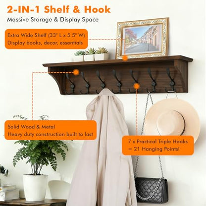 33" Coat Rack with Shelf Wall Mount, Pre-Assembled Solid Wood Coat Hooks with Shelf, Wall Coat Hanger with 7 Metal Triple-Hooks for Hanging Hat,Key,Clothes,Towel, for Entryway,Bedroom,Bathroom,Charred - color: Charred