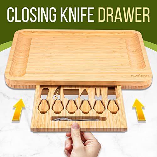 NutriChef Natural Bamboo Cheese Board Set with Bonus Condiment Cup-Extra Large Size 100% Home Organic Wooden Plate and Charcuterie Tray with 4 pcs Cutting Knife Slicer - style: Square with Gift Box