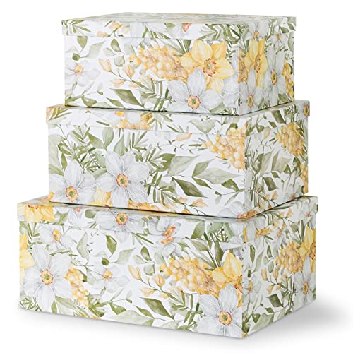 Soul & Lane - Garden Glory Decorative Storage Boxes with Lids, Set of 3 | Stackable Cardboard Photo Storage Containers for Keepsakes and Gifts, Yellow Flower Boho Print Boxes, Home Decor Set - color: Garden Glory
