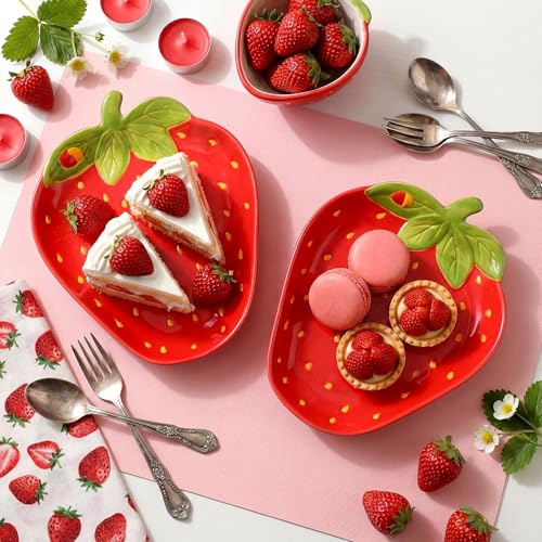 LemonRoad 4 Pcs Ceramic Strawberry Plates 9 Inch Food Serving Platters Strawberry Theme Party Decorations Cute Fruit Salad Plates Dishes Spring Tableware Serving Tray for Dinner Dessert Picnic Candy