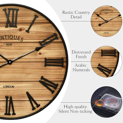 24 Inch Farmhouse Wall Clock - Antique Rustic Wood Finish, Silent Battery-Operated Timepiece with Stylish Decor for Home, Office, Kitchen, Bedroom & Living Room - size: 24 Inch