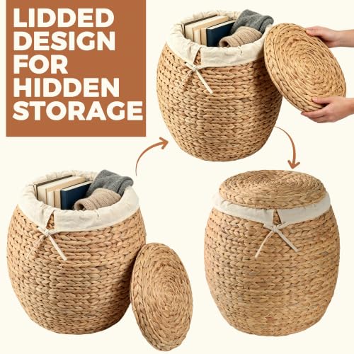 Wicker Basket with Lid Decorative Storage - Large Blanket Basket for Living Room, Plants, Organization, Handwoven Water Hyacinth Material w/Removable Cotton Liner & Tall Round Design