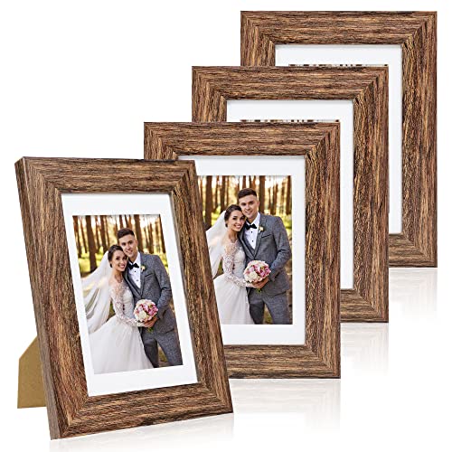 Hongkee 5x7 Picture Frame Set of 4, Made of Real Glass and Rustic Brown Wooden Frame, 5 by 7 Photo for Wall or Tabletop - Display Picture 4x6 with Mat or 5x7 Without Mat - color: Rustic Brown, size: 5x7 in