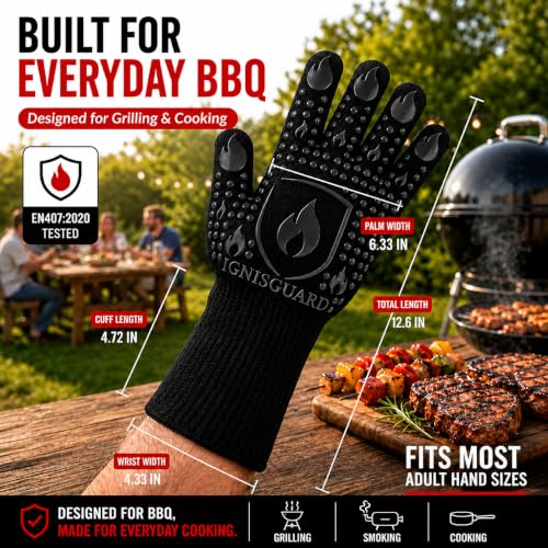 IGNISGUARD® BBQ Gloves, Heat Resistant Grill Gloves, 1 Pair, Black (L) | EN407:2020 tested with textured silicone grip, three-layer construction and long knit cuff for added wrist coverage. - color: Black, size: Large