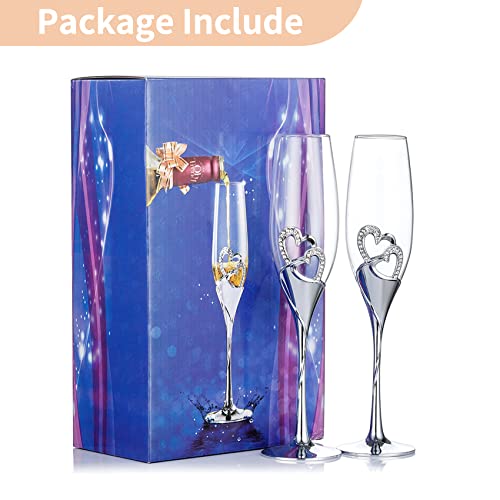 NUPTIO Gold Crystal Champagne Flutes, Wedding Gifts for Couple, Set of 2 | 6.76oz Rhinestone Rimmed Heart Toasting Glasses, Wine Cups for Anniversary, Engagement, Valentine's Day, Bridal Shower - color: Silver
