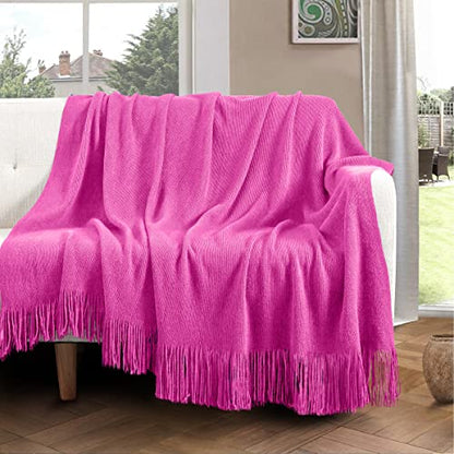 Vonty Hot Pink Knitted Blanket with Tassels Fringe 60" x 80", Super Soft Knit Throw Blanket, Farmhouse Decorative Lightweight Blanket for Couch, Sofa, Bed | Super Soft And Lightweight, Year-Round Cozy Warmth, Farmhouse Decorative Style, Machine Washable,