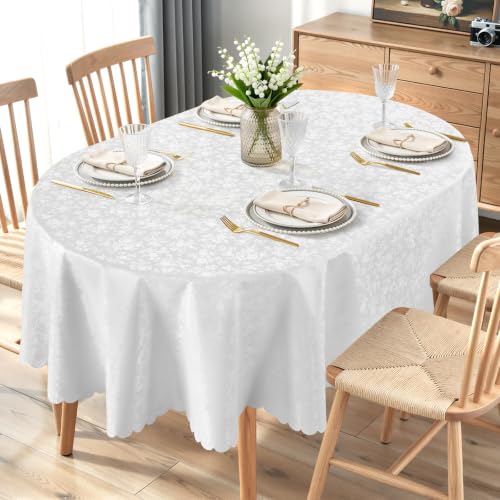 Smiry Oval Waterproof Heavy Duty Vinyl Tablecloths, 60 x 84 Inch | Wipeable Washable Floral Embossed Table Cover for Kitchen and Dining Room, Indoor & Outdoor Use, White - color: White, size: 84" x 60" (Oval)