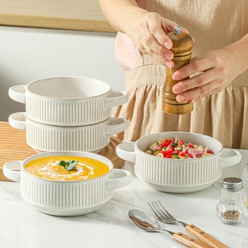 Soup Bowls with Handles, 23 oz French Onion Soup Crocks, Stackable Soup Bowl Oven Safe for Chili, Beef Stew, Embossment Ceramic Bowl Set - 5.4 Inch, Set of 4,Blue - color: White