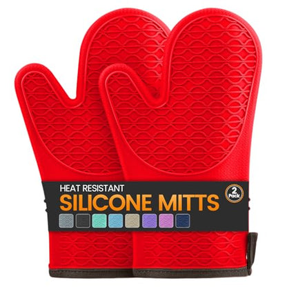 Silicone Oven Mitts, Heat Resistant 2PCS Oven Mitts with Soft Cotton Lining, Waterproof Non-Slip Grip Oven Glove, Kitchen Potholder Mits for BBQ, Baking, Cooking, 12.5 Inch - Red - color: Red