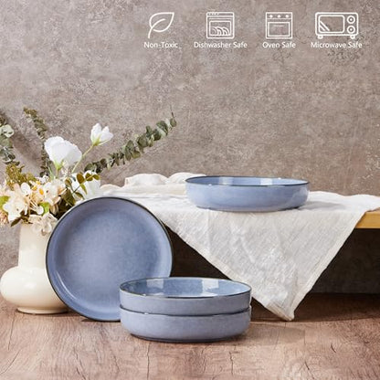E-far Pasta Bowls Set of 4, 35oz Large Salad Bowls for Serving, Wide and Shallow Ceramic Plates for Kitchen, Double Reactive Glaze, Microwave and Dishwasher Safe, Ocean Blue - color: Ocean Blue