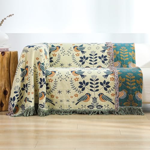 Boho Throw Blanket for Bed Couch 100% Cotton Woven Bed Throws for All Season Lightweight and Soft Cozy Farmhouse Reversible Muslin Decorative Blanket for Travel Picnic, Teal/Cream, 60''x80'' | 4-Layer Breathable Muslin Blanket,100% Organic Cotton Soft Lig