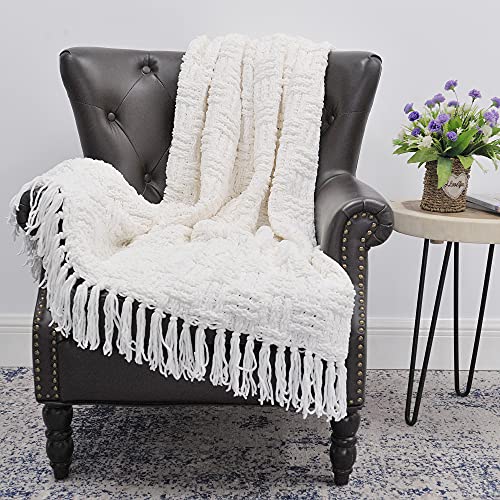 Home Soft Things Cable Knitted Throw Blankets 60" x 80", White, Soft Cozy Fluffy Decorative Throw with Tassels Couch Bed Sofa Cover Throw Blankets - color: Antique White, size: 60" x 80"