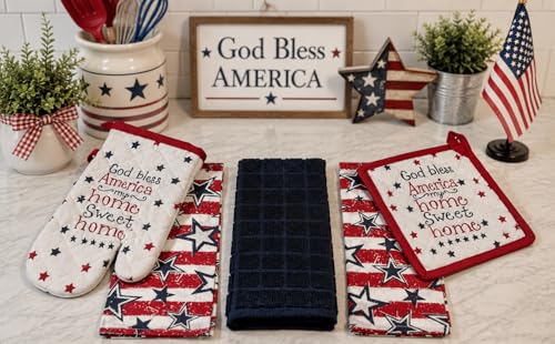 Patriotic Kitchen Pot Holder Oven Mitt Dish Towel Set, 5 Piece, Red White Blue God Bless Design, 100% Cotton - color: God Bless
