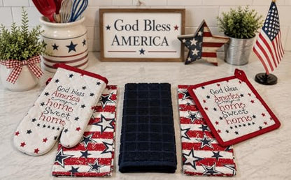 Patriotic Kitchen Pot Holder Oven Mitt Dish Towel Set, 5 Piece, Red White Blue God Bless Design, 100% Cotton - color: God Bless